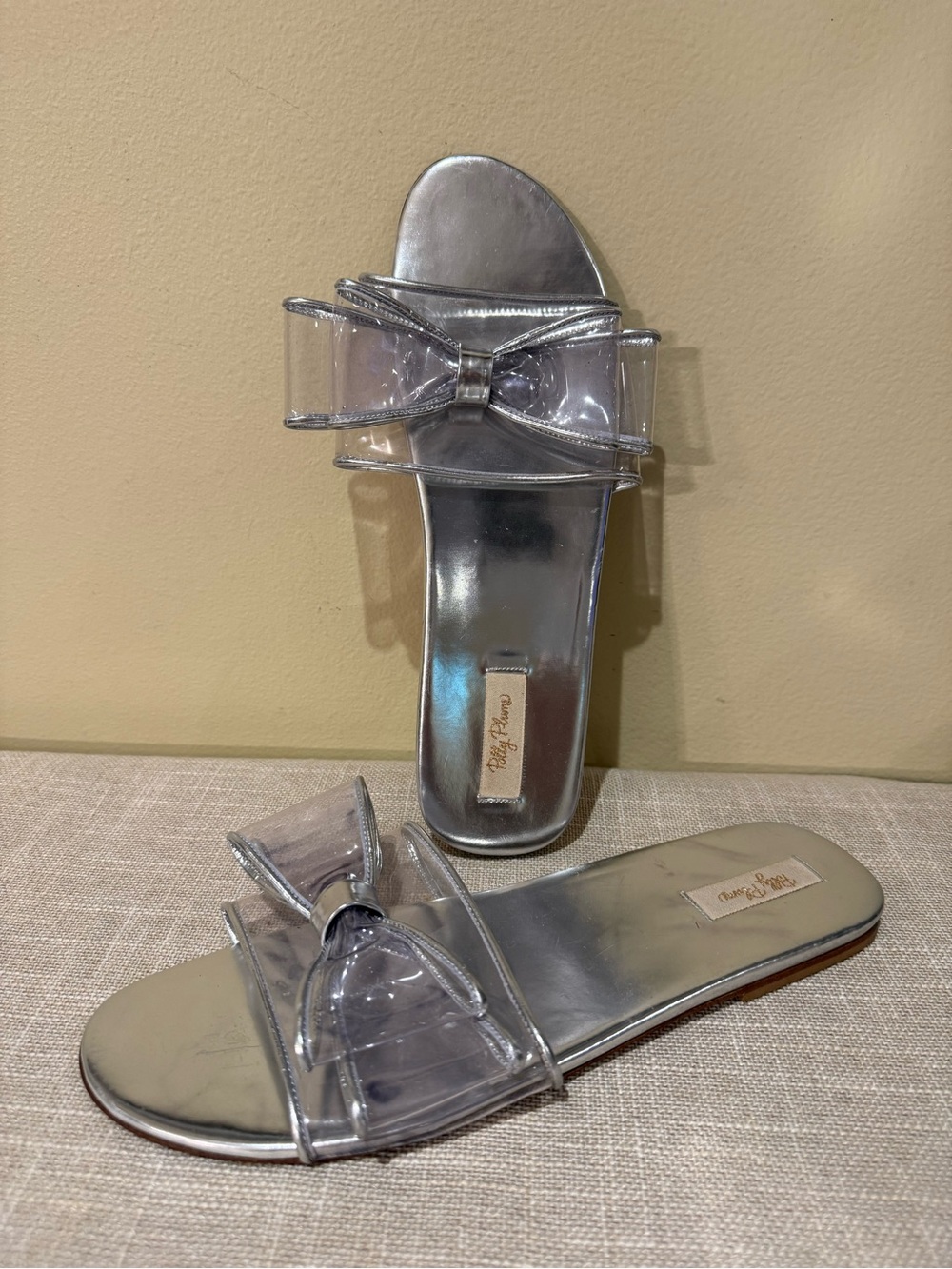 POLLY PLUME Clear PVC Metallic Silver Bow Slide Sandal Mule Flat Italian Leather
